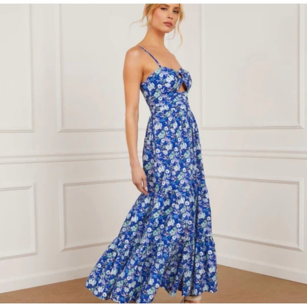 FORE Blue Floral Cotton Tiered Midi Dress Cutout Ring Detail DI8291FO Womens S